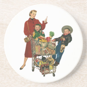 Dessous De Verre En Grès Famille Rétro, Maman et Enfants Chariot de Courses