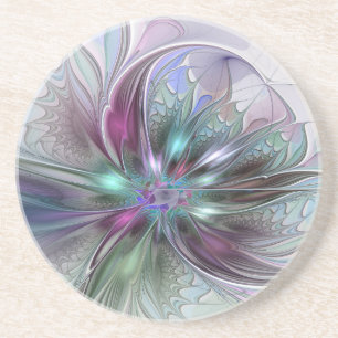 Dessous De Verre En Grès Fantaisie Abstraite Moderne Fleur Fractale Colorée