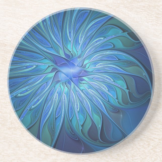 Dessous De Verre En Grès Fantaisie de fleurs bleues, art fractal abstrait (Devant)