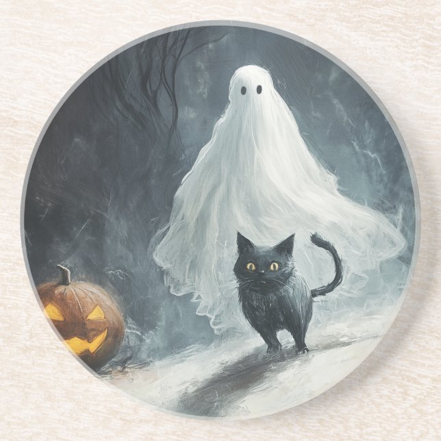 Dessous De Verre En Grès Fantôme d'Halloween et chat noir (Devant)