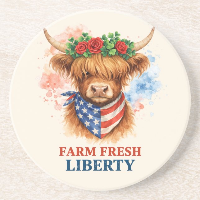 Dessous De Verre En Grès Farm Fresh Liberty Highland Cow Patriotic USA Art (Devant)