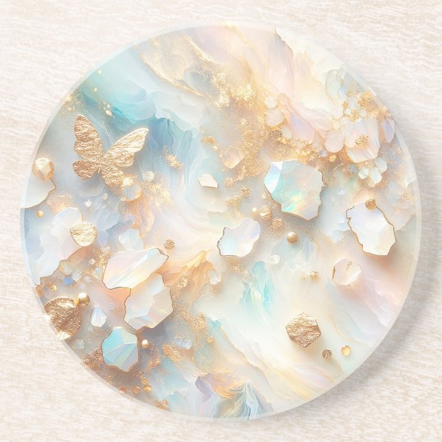 Dessous De Verre En Grès Faux Holographique Opal Moonstone Gold Butterfly (Devant)