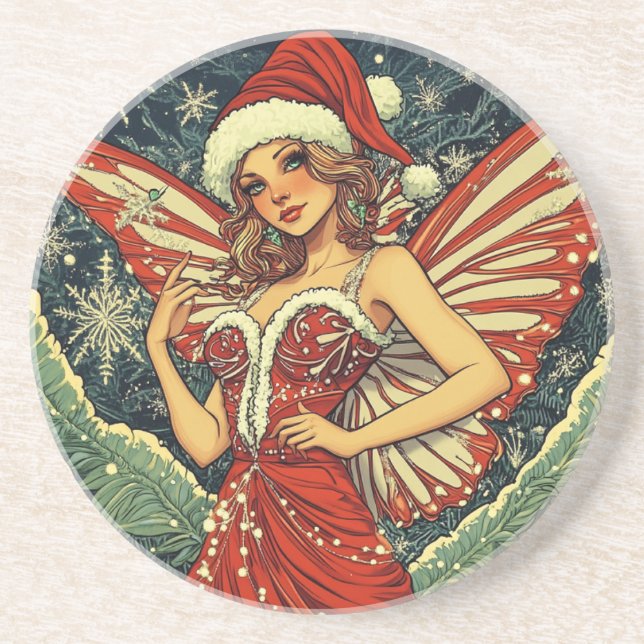 Dessous De Verre En Grès Fée de Noël rétro (Devant)