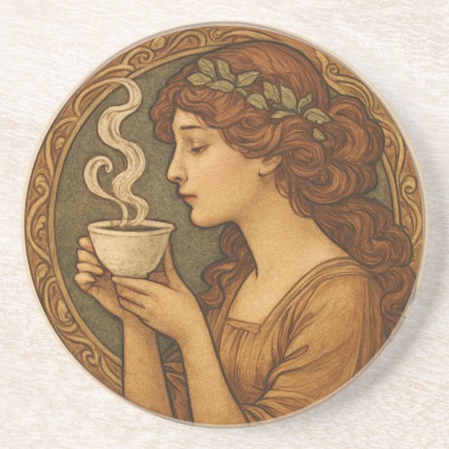 Dessous De Verre En Grès Femme Art Nouveau Avec Café (Devant)