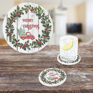 Dessous De Verre En Grès Ferme rustique Camion rouge en bois désorganisé