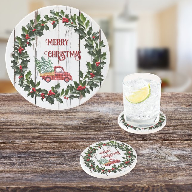 Dessous De Verre En Grès Ferme rustique Camion rouge en bois désorganisé (Créateur téléchargé)