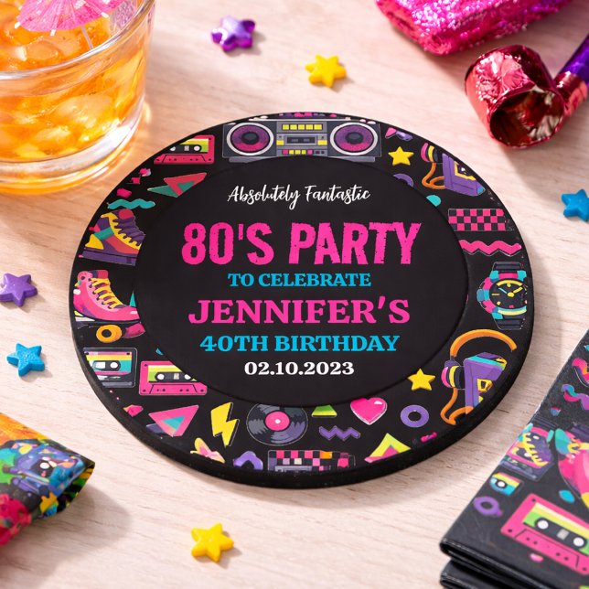 Dessous De Verre En Grès Fête d'anniversaire néon rétro moderne des années  (Modern Retro Neon 80’s Birthday Party for Adults Coaster
)