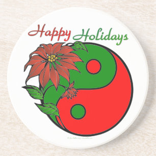 Dessous De Verre En Grès Fête Yin Yang Poinsettia Vert Rouge