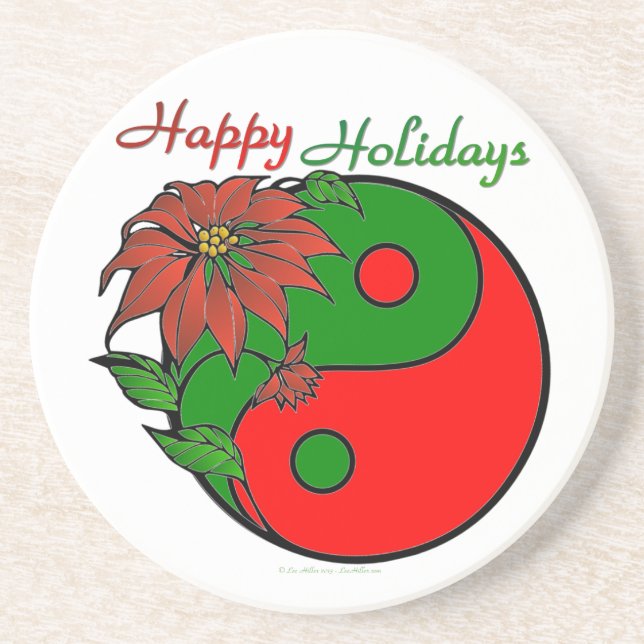 Dessous De Verre En Grès Fête Yin Yang Poinsettia Vert Rouge (Devant)