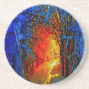 Dessous De Verre En Grès Feu et glace Beaux Arts Bleu, Orange, Rouge