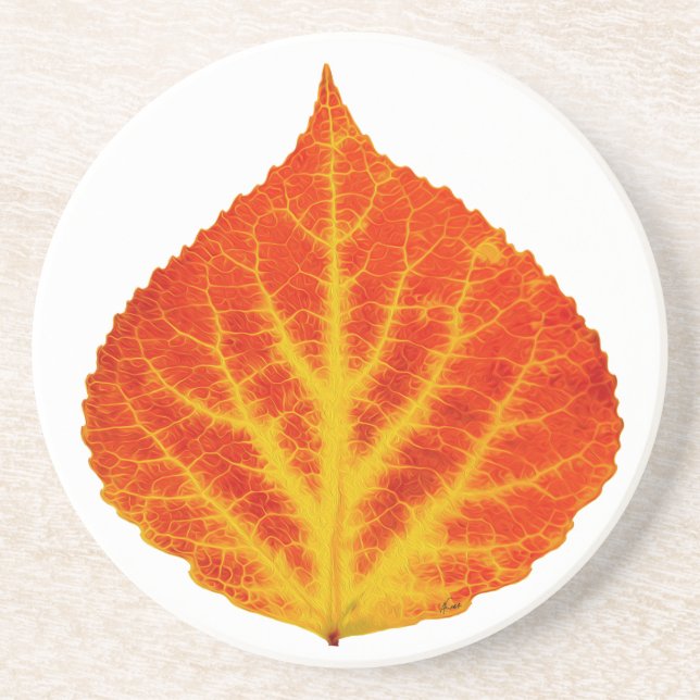 Dessous De Verre En Grès Feuille d'Aspen rouge et jaune #10 (Devant)