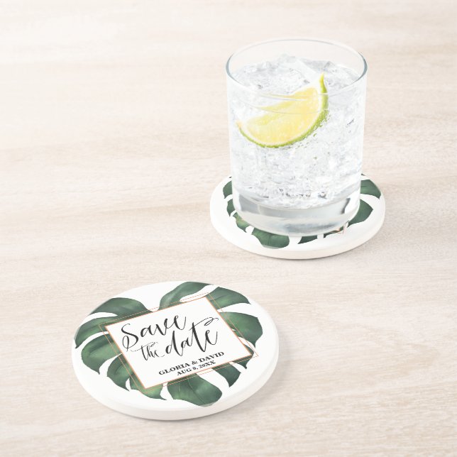 Dessous De Verre En Grès Feuille de palme tropicale Sauvez la date Sandston (Côté)