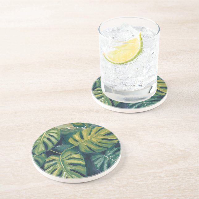 Dessous De Verre En Grès Feuilles de Monstera Aquarelle Botanique (Côté)