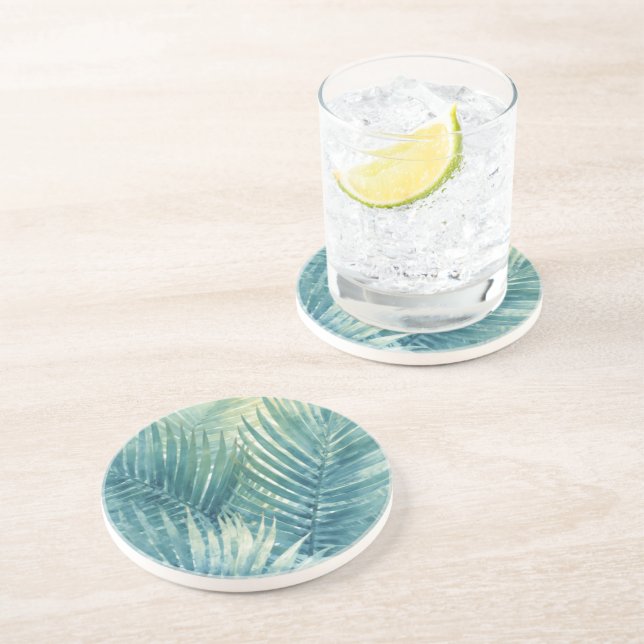 Dessous De Verre En Grès Feuilles de palmier bleu sarcelle vert (Côté)