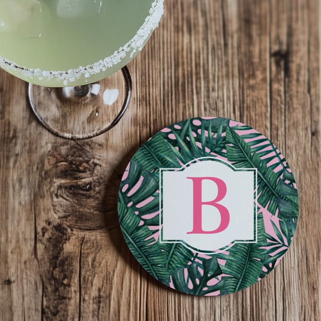 Dessous De Verre En Grès Feuilles de palmier vert tropical Monogramme rose (Créateur téléchargé)