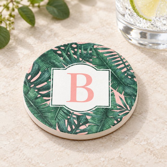 Dessous De Verre En Grès Feuilles de palmier vertes tropicales Monogramme d (Créateur téléchargé)