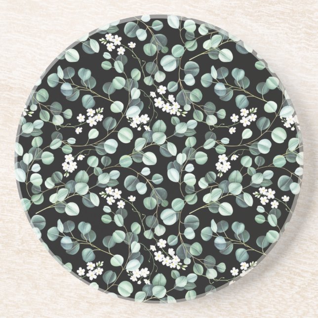 Dessous De Verre En Grès Feuilles d'Eucalyptus : Motif de fleurs blanches (Devant)