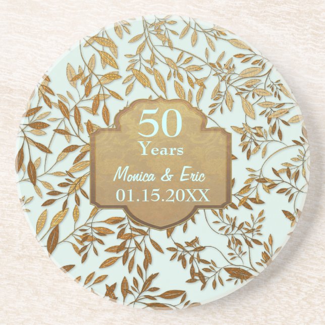 Dessous De Verre En Grès Feuilles d'or 50e anniversaire Mariage (Devant)