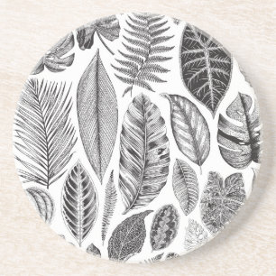 Dessous De Verre En Grès Feuilles exotiques, vintage floral noir et blanc.