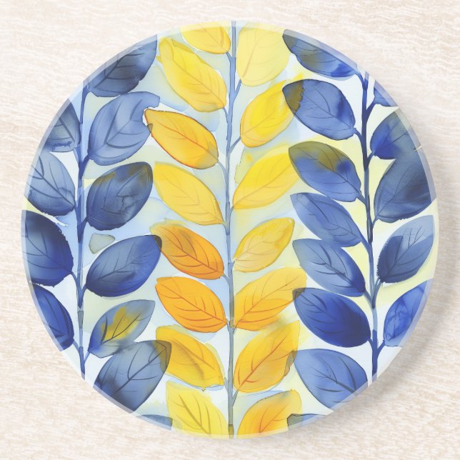 Dessous De Verre En Grès Feuilles jaune et bleu (Devant)