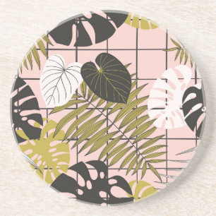 Dessous De Verre En Grès Feuilles tropicaux, fleurs, motif peint à la main.