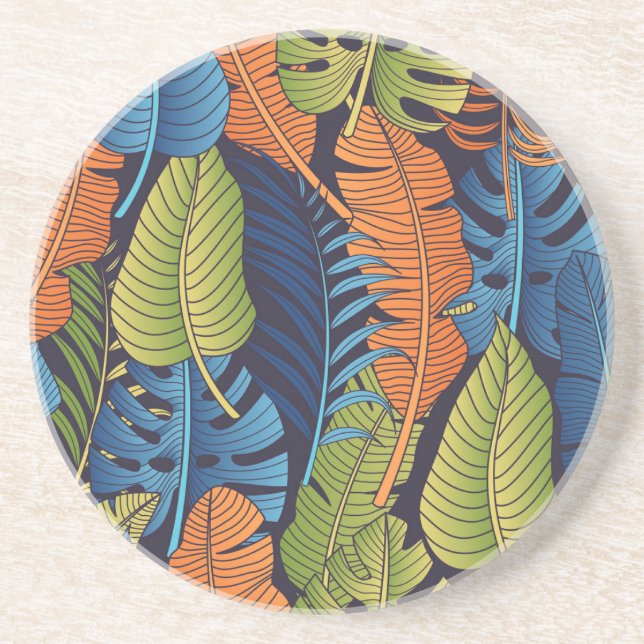 Dessous De Verre En Grès Feuilles tropicaux, motif sans couture fleurie. (Devant)
