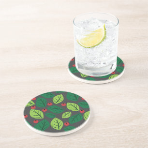 Dessous De Verre En Grès Feuilles verts, Berries Rouges, Motif Des Feuilles