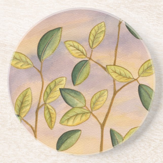 Dessous De Verre En Grès Feuilles verts et jaunes sur Arrière - plan couche (Devant)