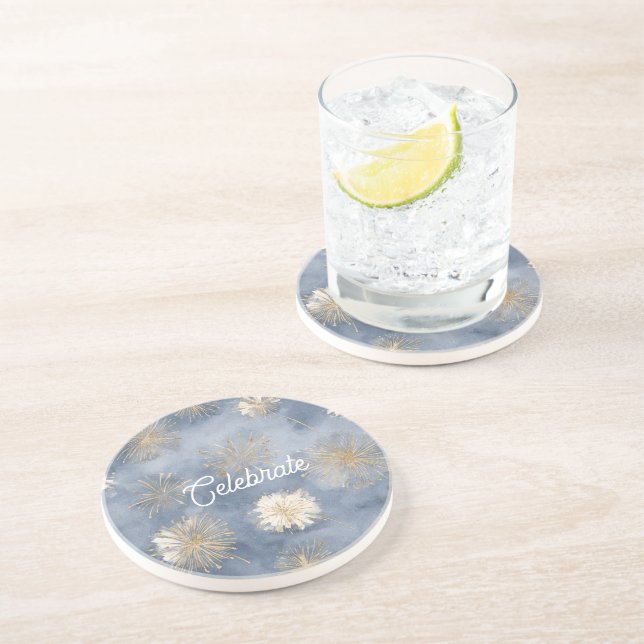 Dessous De Verre En Grès Feux d'artifice Bleu Or Blanc Célèbrent (Côté)