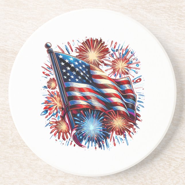 Dessous De Verre En Grès Feux d'artifice patriotiques drapeau américain (Devant)