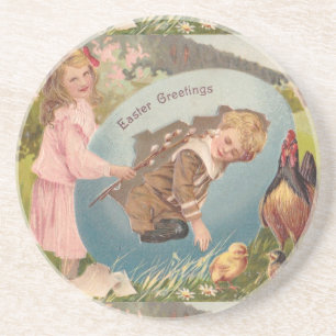 Dessous De Verre En Grès Fille et garçon de Pâques victorienne vintage