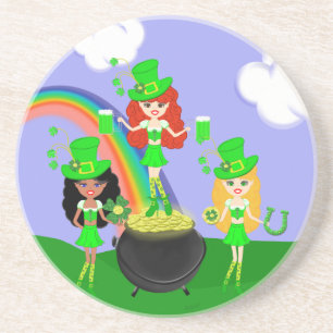 Dessous De Verre En Grès Fille Leprechauns Arc en ciel et Pot d'or