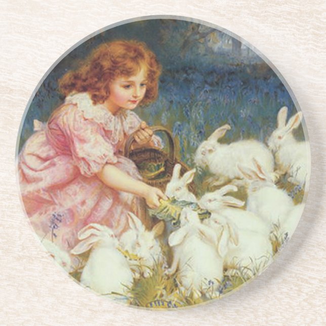 Dessous De Verre En Grès Fille nourrissant des lapins (Devant)