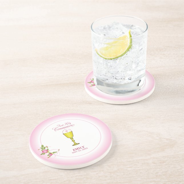 Dessous De Verre En Grès Fille Rose Première Communion, Calice, Hostie, Ros (Côté)