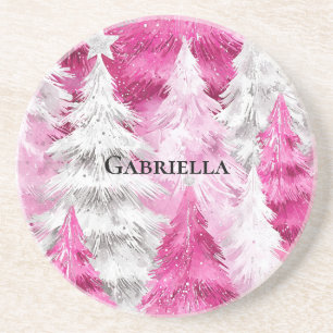 Dessous De Verre En Grès Fille rose Silver Glam Arbres de Noël Stripes