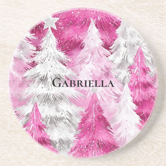 Dessous De Verre En Grès Fille rose Silver Glam Arbres de Noël Stripes (Devant)