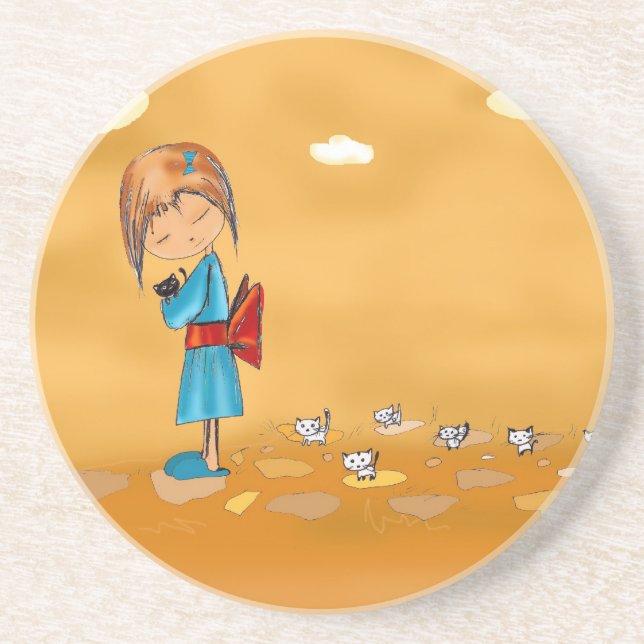 Dessous De Verre En Grès filles et chats (Devant)