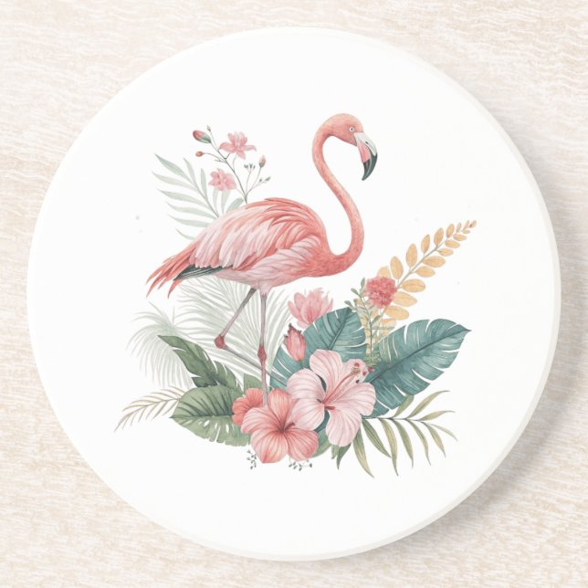 Dessous De Verre En Grès Flamant aux Fleurs (Devant)