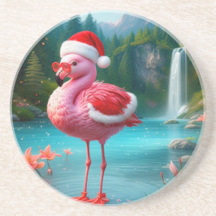 Dessous De Verre En Grès Flamant rose de Noël Comme Père Noël-47475