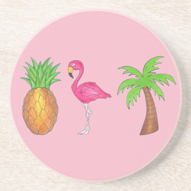Dessous De Verre En Grès Flamant rose rose Ananas Palmier arbre Tropical Is (Devant)