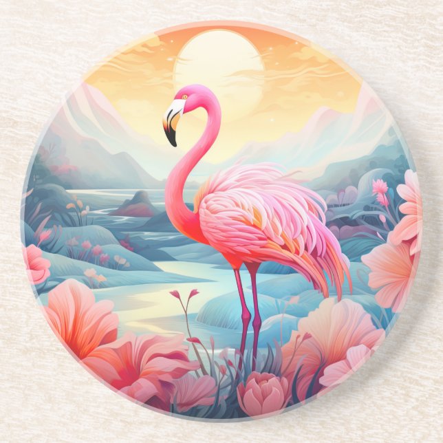 Dessous De Verre En Grès Flamant Tropical avec Fleurs (Devant)