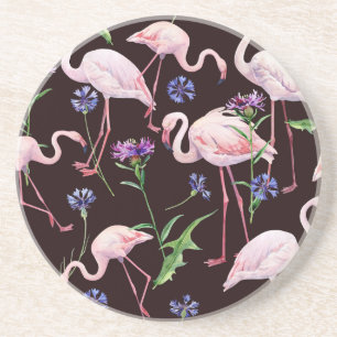 Dessous De Verre En Grès Flamants roses et motif de fleurs sauvages à l'aqu