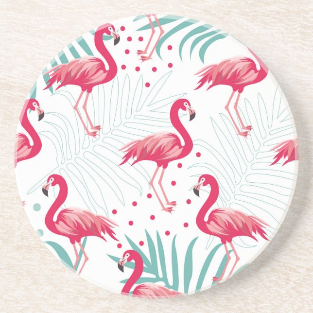 Dessous De Verre En Grès Flamingo tropical et feuille, motif d'été. (Devant)