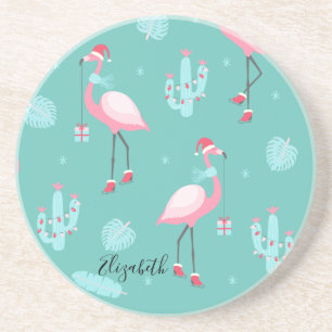 Dessous De Verre En Grès Flamingos Chapeau de Père Noël Cadeaux Flocons de