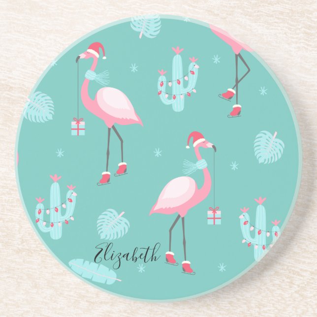 Dessous De Verre En Grès Flamingos Chapeau de Père Noël Cadeaux Flocons de  (Devant)
