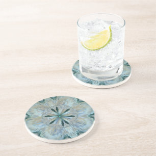 Dessous De Verre En Grès Fleur Abstraite Fractée Turquoise Blanc Bleu Gris