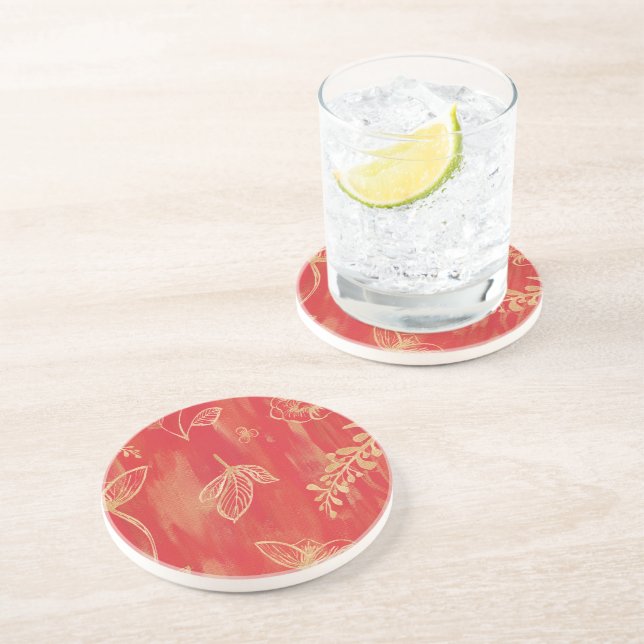 Dessous De Verre En Grès Fleur aquarelle rouge or (Côté)