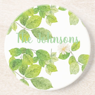 Dessous De Verre En Grès Fleur blanche et jardin Feuille vert
