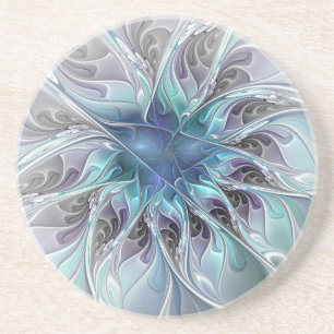Dessous De Verre En Grès Fleur de fractale moderne abstraite avec du bleu