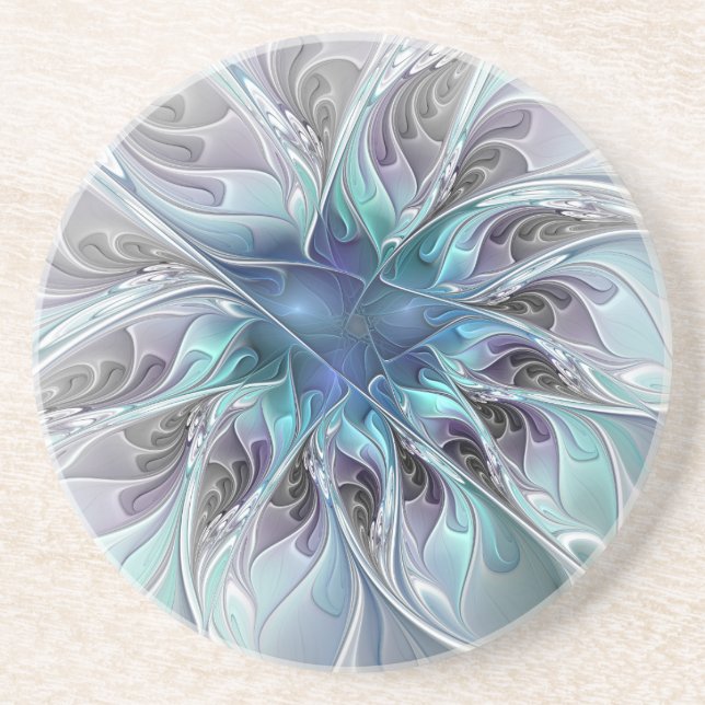 Dessous De Verre En Grès Fleur de fractale moderne abstraite avec du bleu (Devant)